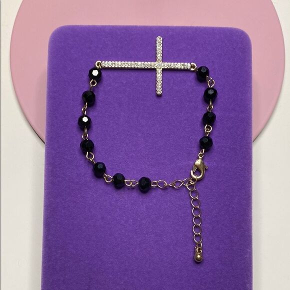 💛 Elegant Gold Plated Black Beaded with Crystal Cross Bracelet - Picture 1 of 7